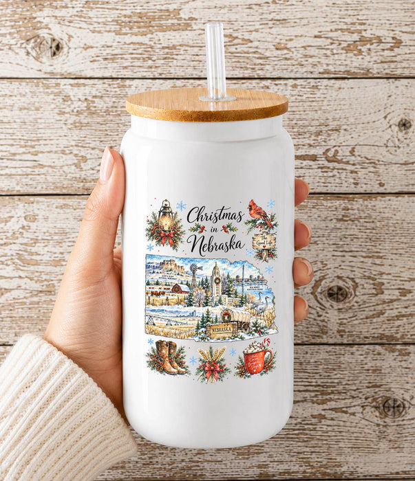 Christmas in Nebraska State Map Glass Cup