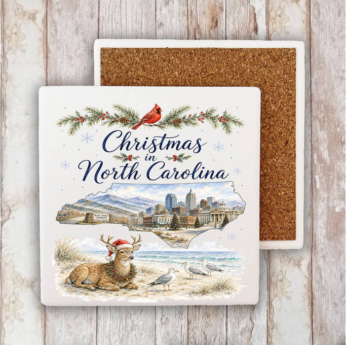 Christmas in North Carolina State Map Stone Coaster