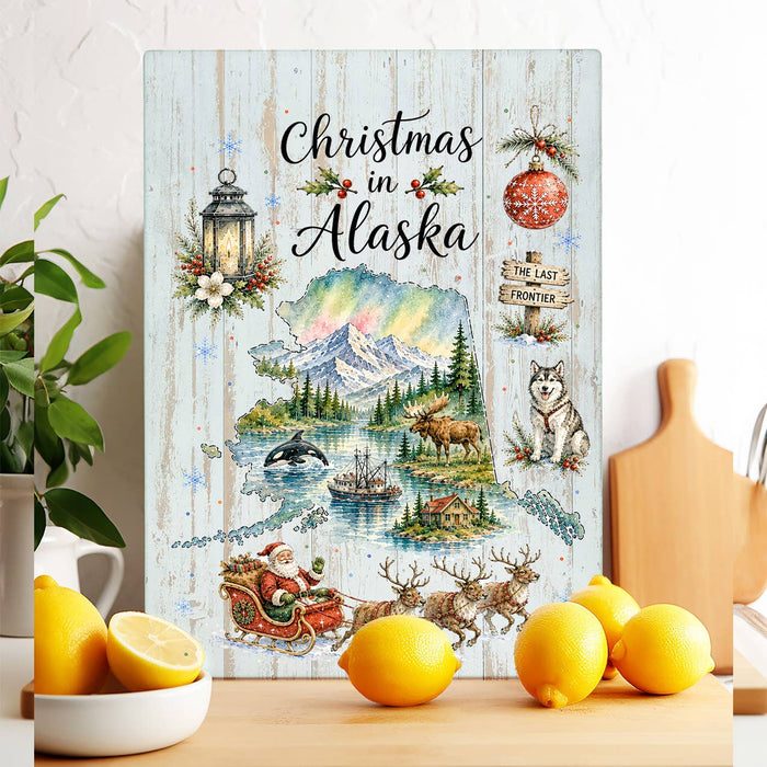 Christmas in Alaska State Map Glass Cutting Board