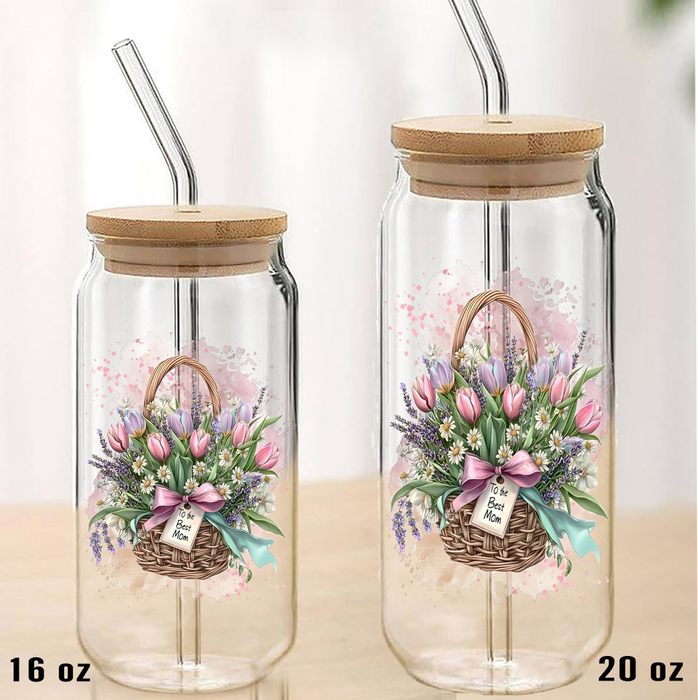Mother's Day Basket Tulips Flowers Can Glass with Lid Straw