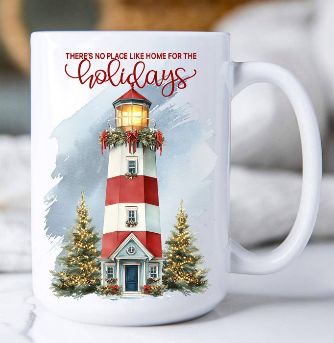 Coastal Christmas Lighthouse Home for Holiday Coffee Mug