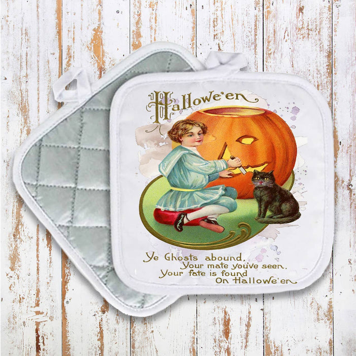 Halloween Vintage Pumpkin Black Cat Pot Holder Oven Mitt