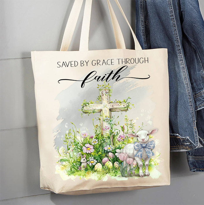 Saved by Grace Easter Lamb Cross Canvas Tote Bag