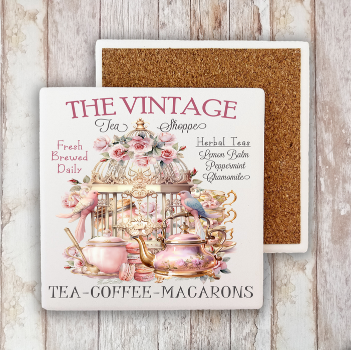 Pink Vintage Tea Shoppe Birds Stone Coaster