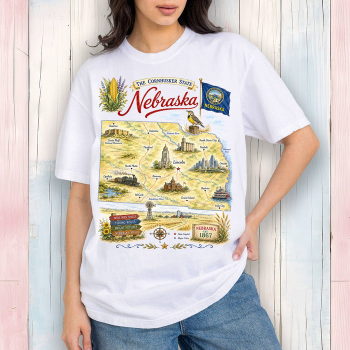 Nebraska State Map Landmark T-Shirt