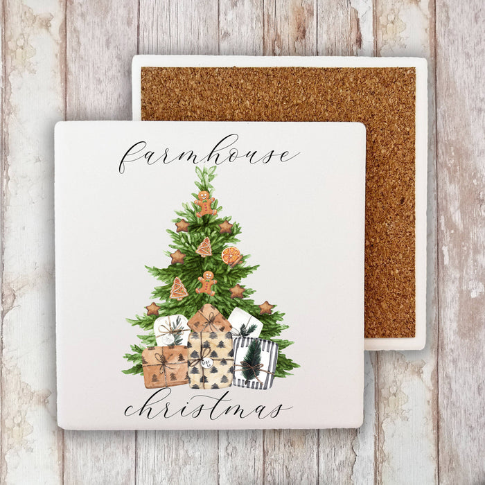 Farmhouse Christmas Tree Gifts Stone Coaster