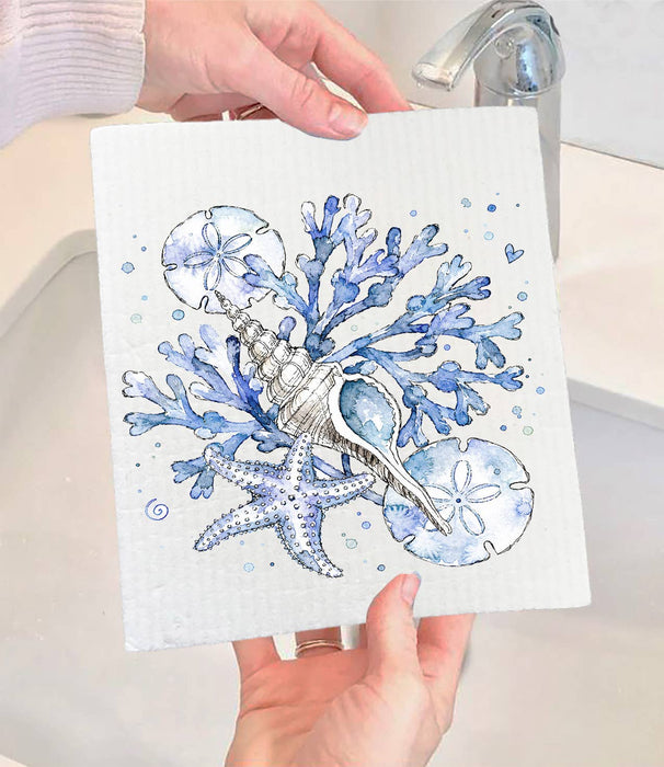 Coastal Blue Sand Dollar Sea Shells Swedish Dishcloth