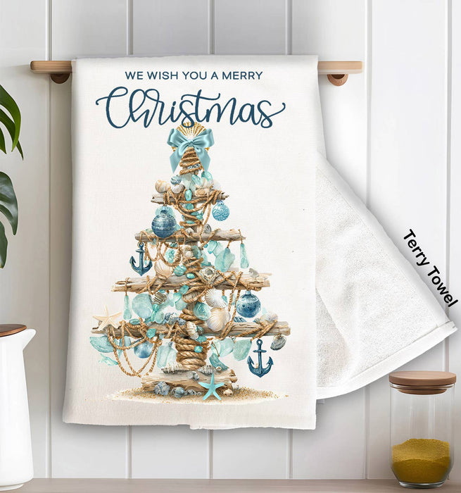 Coastal Christmas Sea Glass Tree Kitchen Terry Towel