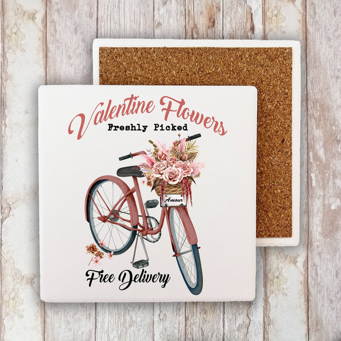 Valentine Flowers Pink Bicycle  Stone Coaster
