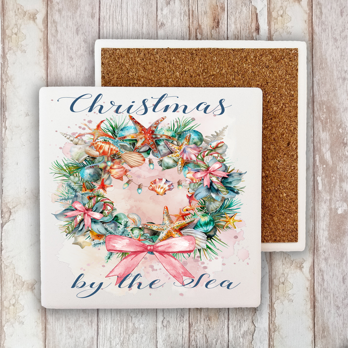 Coastal Christmas by the Sea Stone Coaster