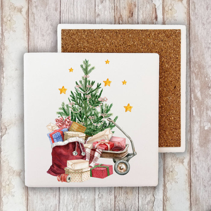 Christmas Tree Santa Red Wagon Stone Coaster