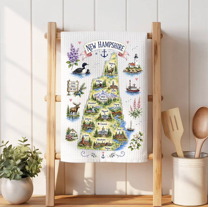 New Hampshire State Map Landmark Waffle Weave Towel