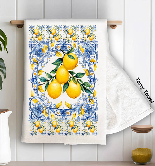Mediterranean Blue Tiles Lemons Kitchen Terry Towel