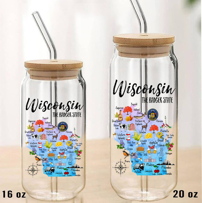 Wisconsin State Map Can Glass with Lid and Straw