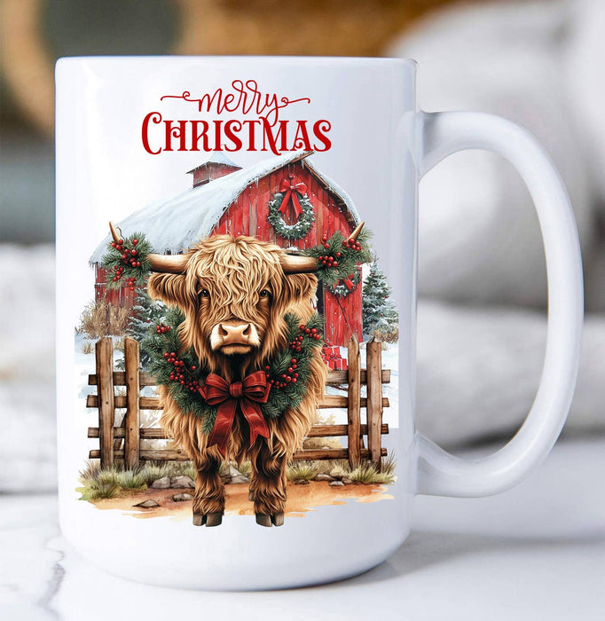 Christmas Highland Cow Barn Western Coffee Mug