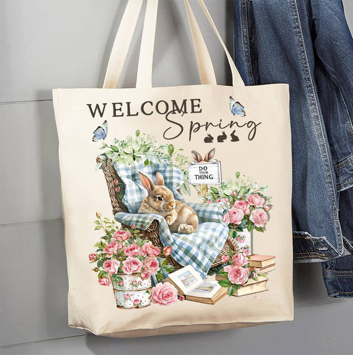 Welcome Spring Bunny Flowers Canvas Tote Bag