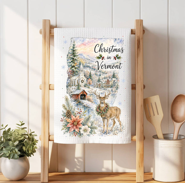 Christmas in Vermont State Map Waffle Weave Towel