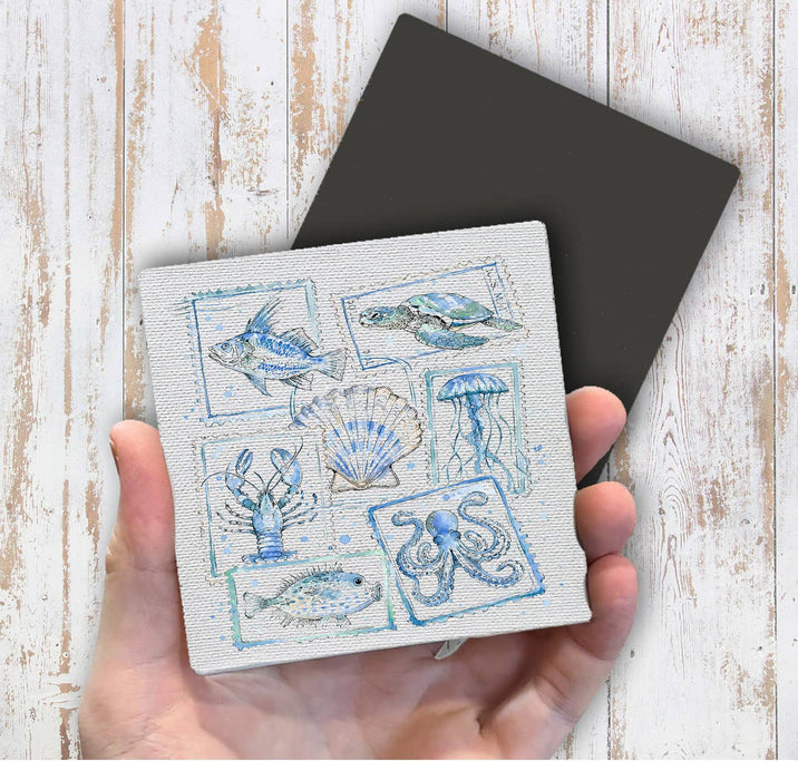 Coastal Blue Ocean Vintage Stamps Magnet Fridge