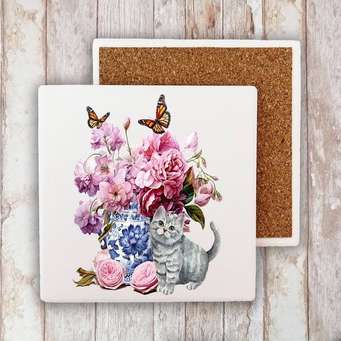 Grey Kitten Flowers Vase Butterflies Stone Coaster