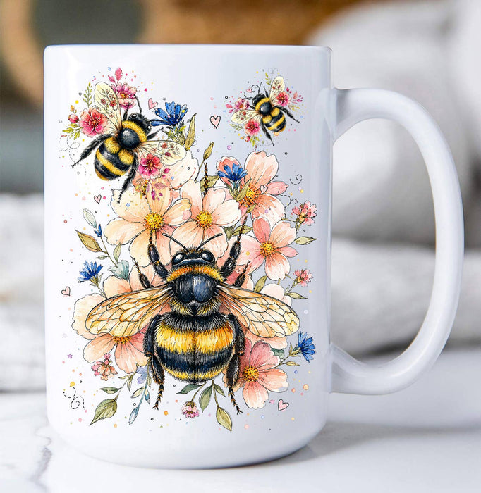 Watercolor Bees Flowers Coffee Mug