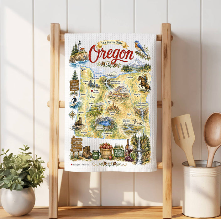 Oregon State Map Landmark Waffle Weave Towel