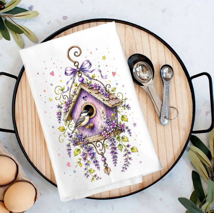 Lavender Whimsical Birdhouse Tea Towel