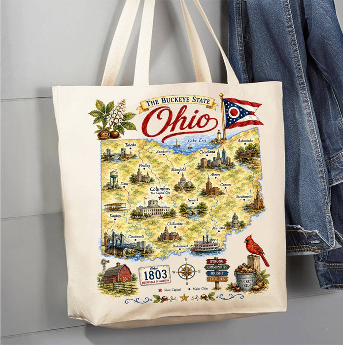 Ohio State Map Landmark Canvas Tote Bag
