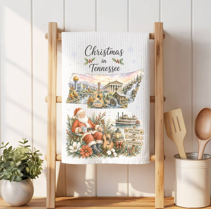 Christmas in Tennessee State Map Waffle Weave Towel