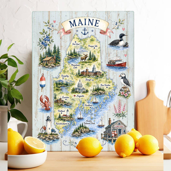 Maine State Map Landmark Glass Cutting Board