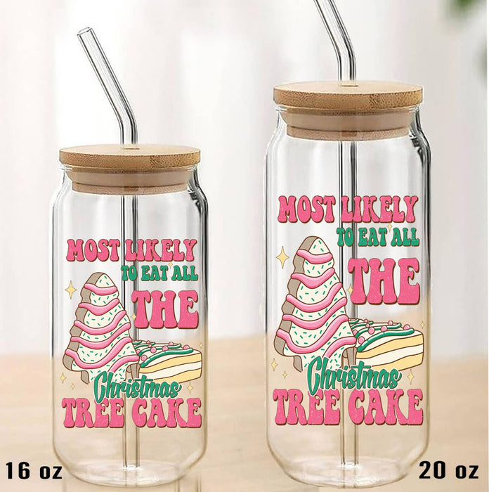Christmas Tree Cakes Eating All Can Glass with Lid Straw
