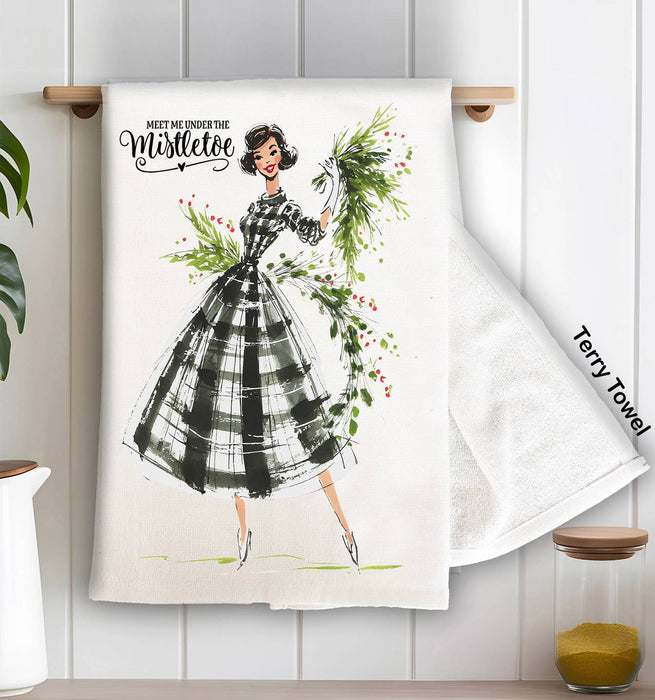 Retro Christmas Meet me Mistletoe Kitchen Terry Towel