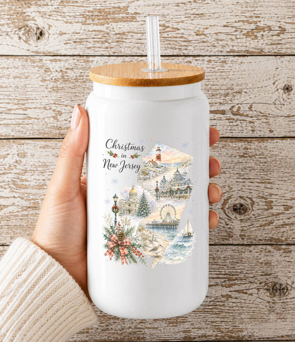 Christmas in New Jersey State Map Glass Cup