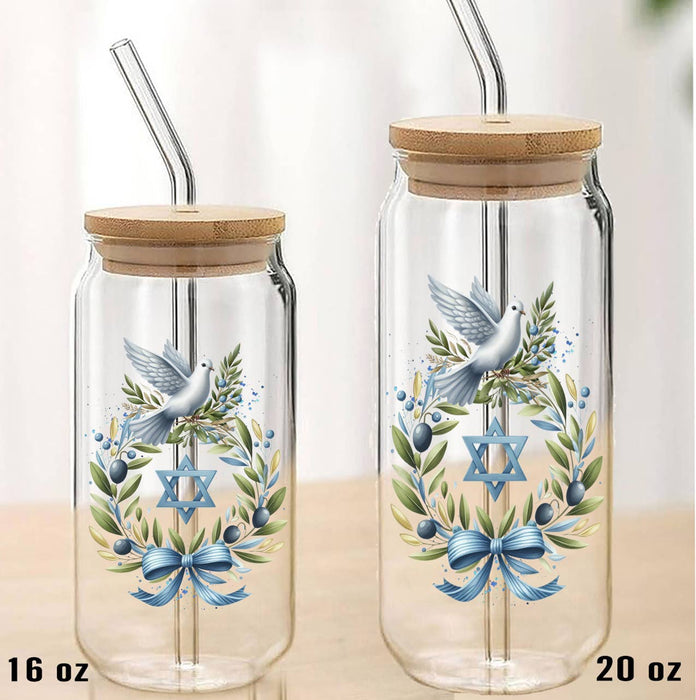 Hanukkah Olive Branch Dove Can Glass with Lid Straw