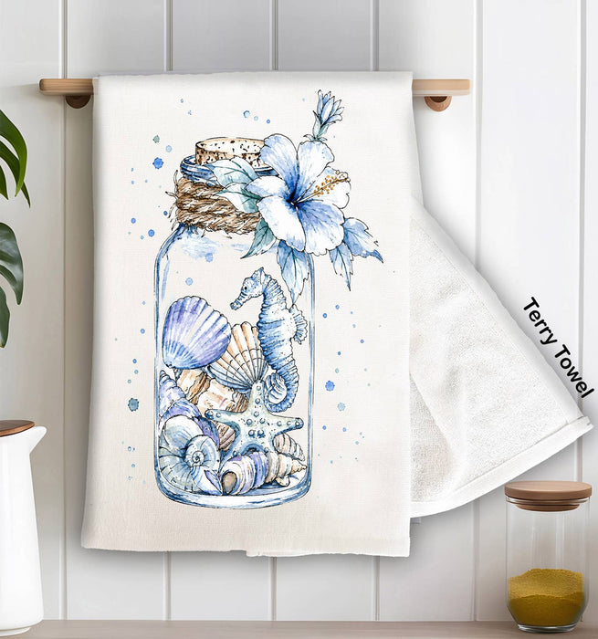 Coastal Blue Sea Shells in a Jar Kitchen Terry Towel