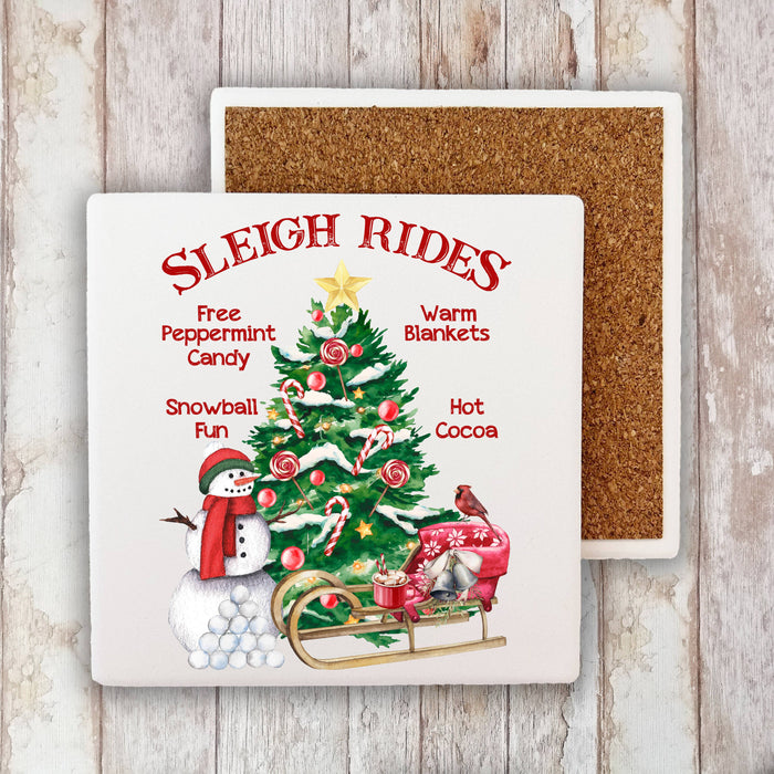Christmas Sleigh Rides Snowman Stone Coaster