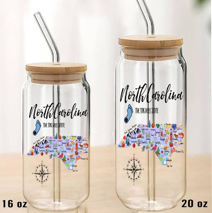 North Carolina State Map Can Glass with Lid and Straw