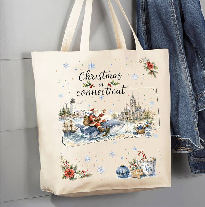 Christmas in Connecticut State Map Canvas Tote Bag