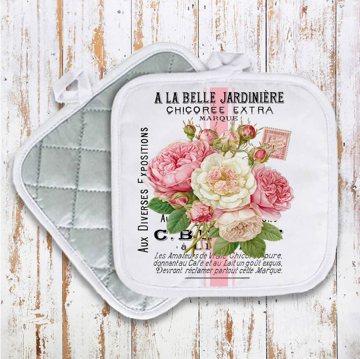 Vintage Shabby Chic French Roses Pot Holder Oven Mitt