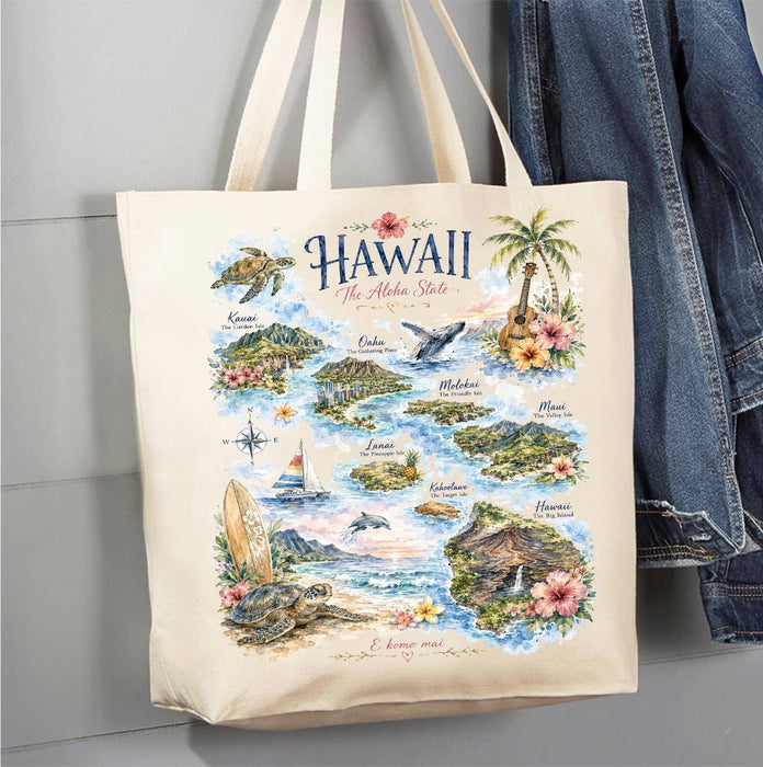 Hawaii State Map Landmark Canvas Tote Bag