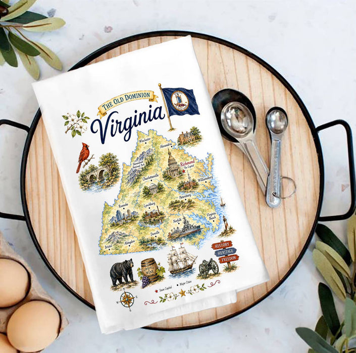 Virginia State Map Landmark Tea Towel