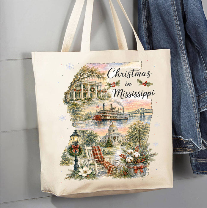 Christmas in Mississippi State Map Canvas Tote Bag