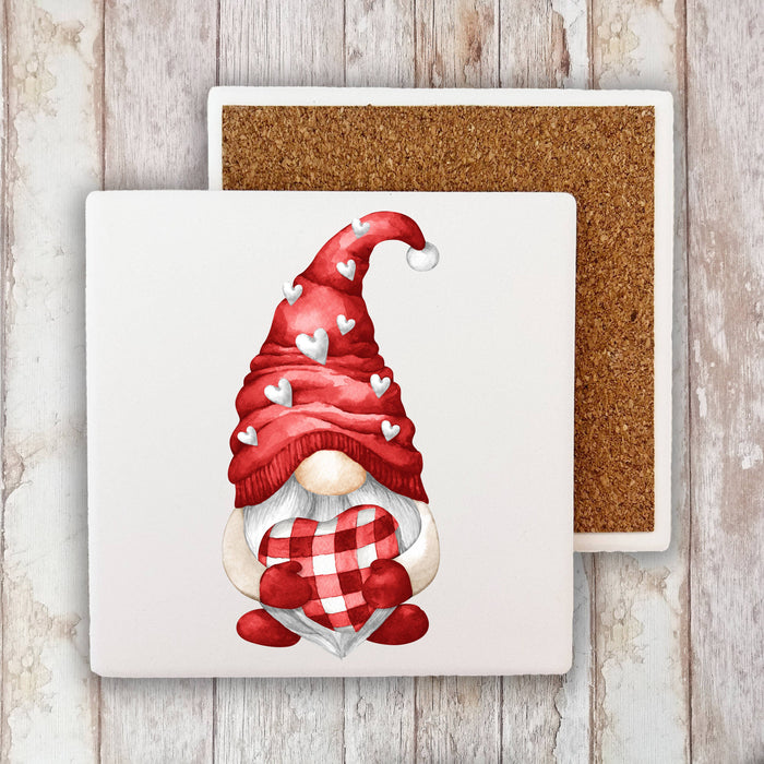 Valentine Red Gnome Hearts Stone Coaster