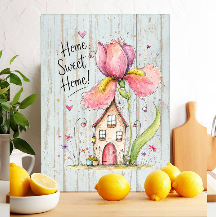 Home Sweet Home Spring Flowers Glass Cutting Board