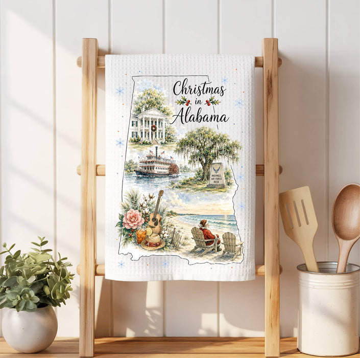 Christmas in Alabama State Map Waffle Weave Towel