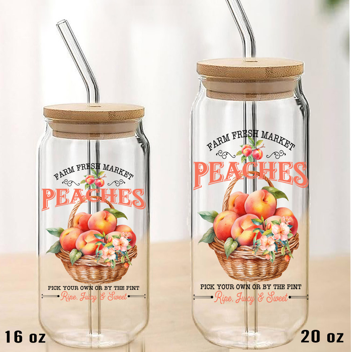 Farm Fresh Peaches Blossoms  Can Glass with Lid Straw
