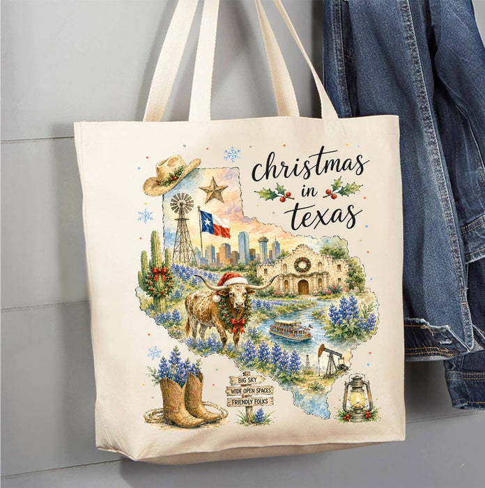 Christmas in Texas State Map Canvas Tote Bag