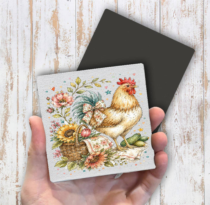 Whimsical Country Hen Flowers Magnet Fridge