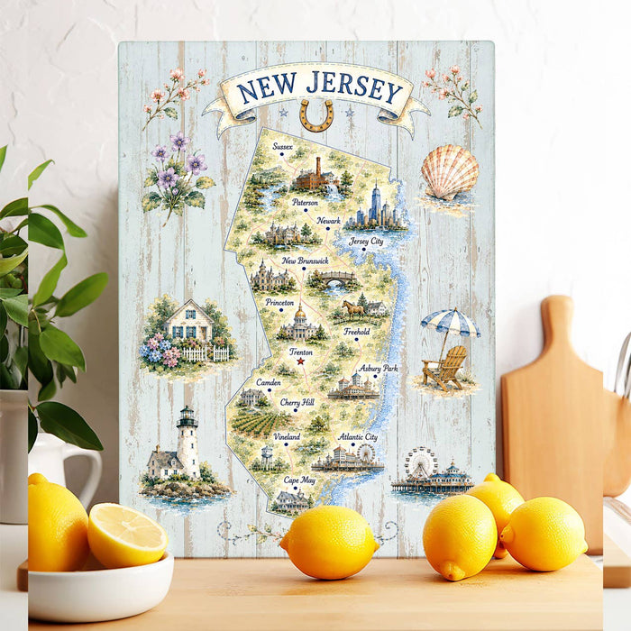 New Jersey State Map Landmark Glass Cutting Board