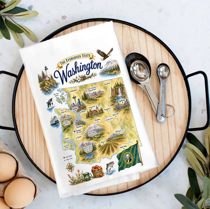 Washington State Map Landmark Tea Towel