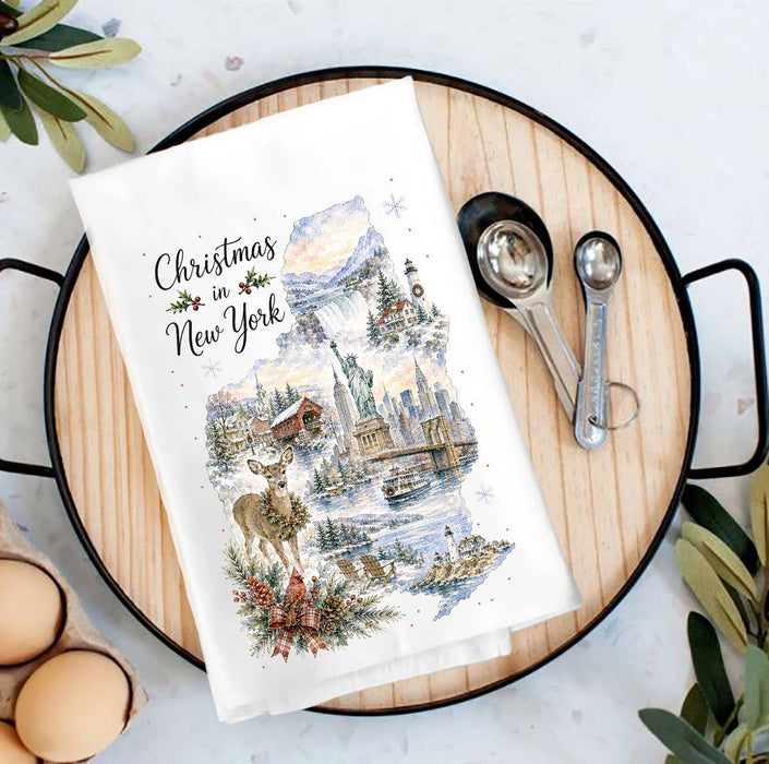 Christmas in New York State Map Tea Towel